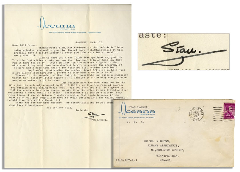 Stan Laurel Letter Signed -- ''...No, I wo'nt be attending the Academy Award Affair...I prefer to stay home & watch it on TV...''